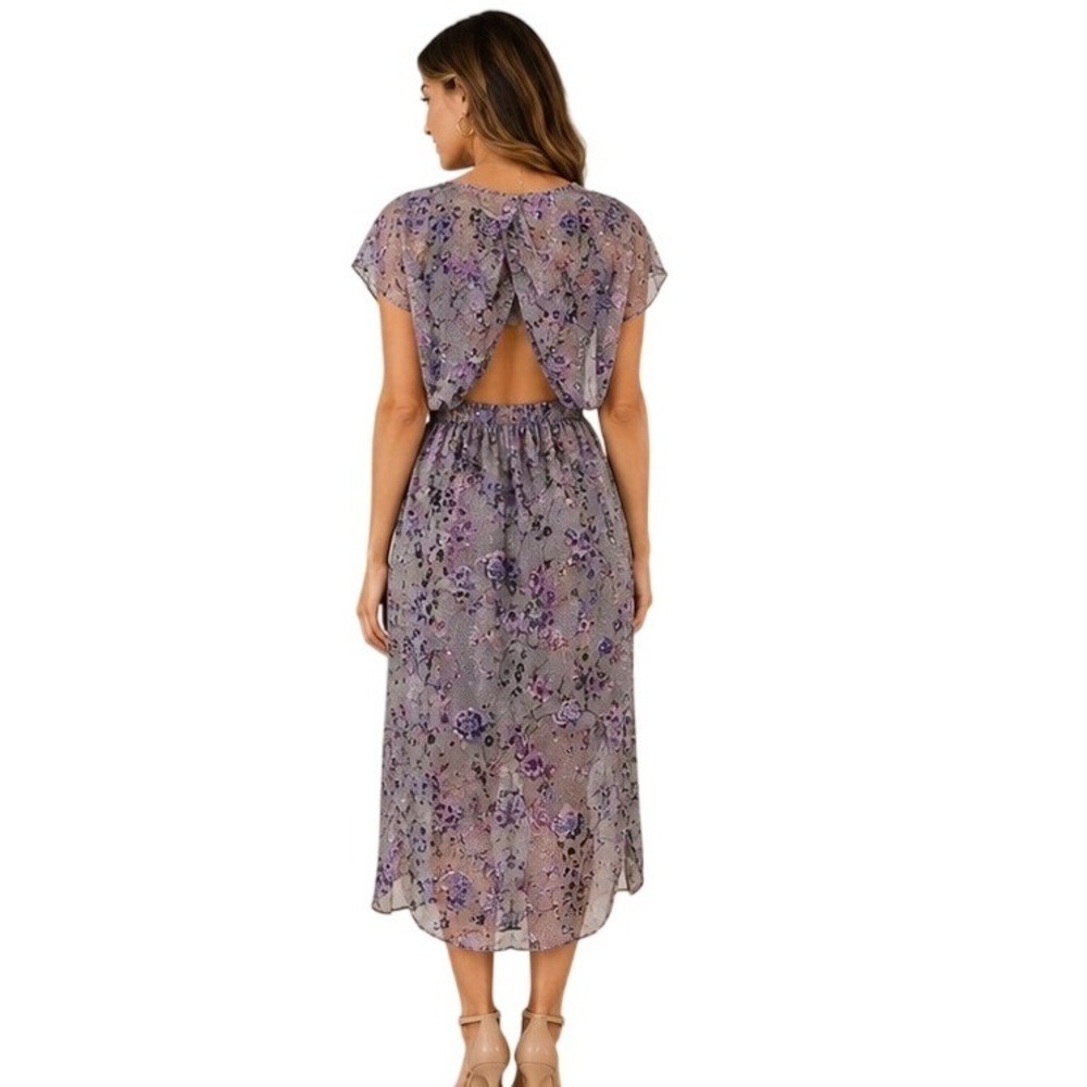 Beige by ECI Floral Chiffon Midi Dress US 10 Purple Open Back Cottagecore